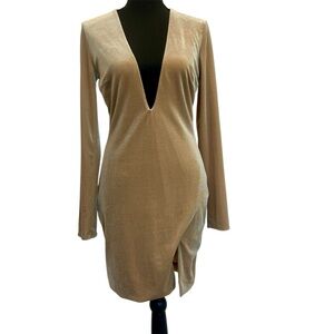 LUX LA camel tan brown velvet V-neck long sleeve mini dress bodycon cocktail L